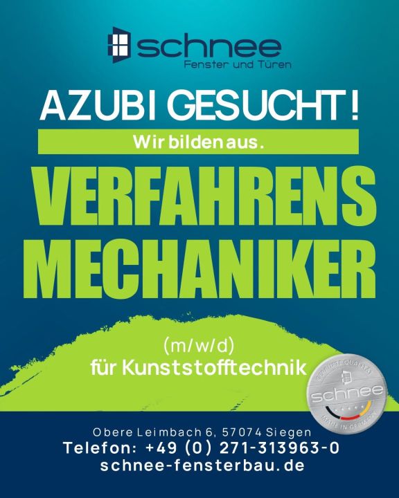 Ausbildung 2026 als Verfahrensmechaniker für Kunststofftechnik bei Schnee Fensterbau